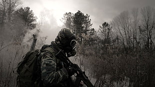 black assault rifle, gas masks, trees, military, apocalyptic
