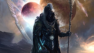 person holding scythe illustration, wizard, Odin, planet