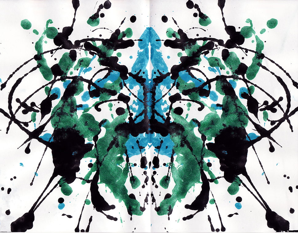 green and blue leaf plant, ink, paint splatter, symmetry, Rorschach test HD wallpaper
