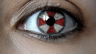 red, white, and grey contact lens, Umbrella Corporation, Resident Evil, eyes, movies