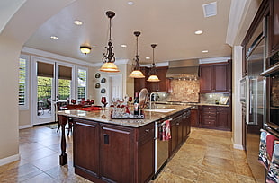 brown and gray wooden kitchen interior, kitchen, table, food, lunch