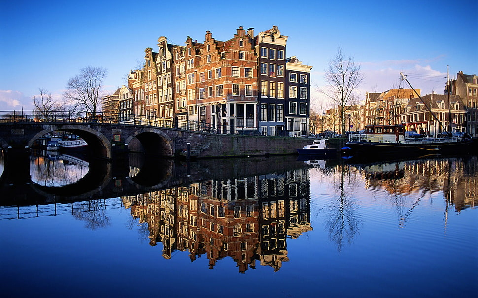 brown concrete structure and bridge, landscape, reflection, bridge, Amsterdam HD wallpaper