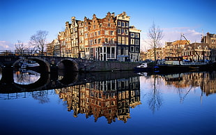 brown concrete structure and bridge, landscape, reflection, bridge, Amsterdam