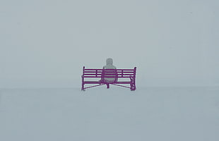 purple wooden bench, bench, people, landscape, winter