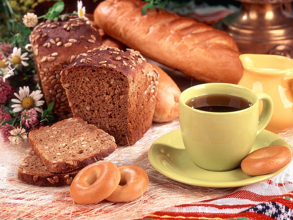 closeup photography of bread, doughnut and coffee HD wallpaper