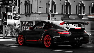 selective photo of coupe, Porsche 911 GT3, selective coloring, car
