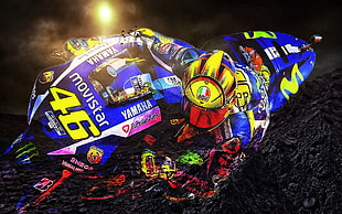 multicolored Movistar racing motorcycle illustration, Valentino Rossi, Moto GP, Yamaha