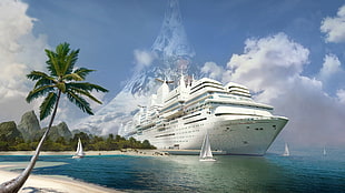 white cruise hip near shore, Halo, digital art, cruise ship, palm trees HD wallpaper