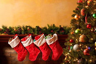 four christmas stockings hanging on shelf