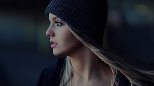 woman wearing black knit hat