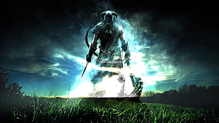 man wearing double horn helmet and gear digital wallpaper, The Elder Scrolls V: Skyrim, digital art, video games