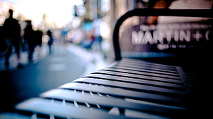 black metal bench, cityscape, blurred, bench, depth of field