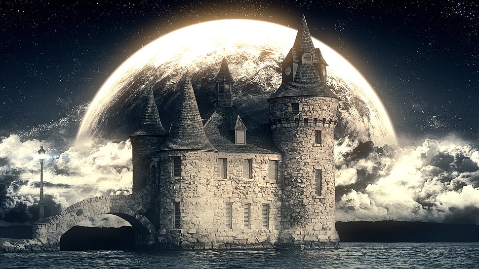 brown and black castle during full moon digital wallpaper, sky, castle, Moon, moonlight HD wallpaper
