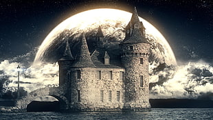 brown and black castle during full moon digital wallpaper, sky, castle, Moon, moonlight