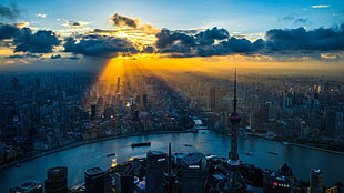 high rise buildings, Shanghai, building, city, clouds