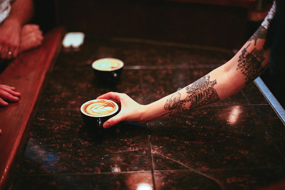black ceramic cup, nature, coffee, tattoo HD wallpaper