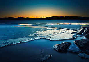 gray stones, landscape, frozen lake, sunset