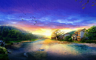 village near river digital wallpaper, painting, sky, landscape, house