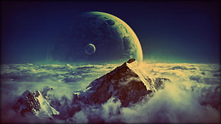snow covered mountain, mountains, clouds, Moon, planet