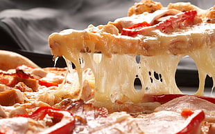bacon cheesy pizza slice HD wallpaper