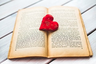 photo of red heart toy on book page