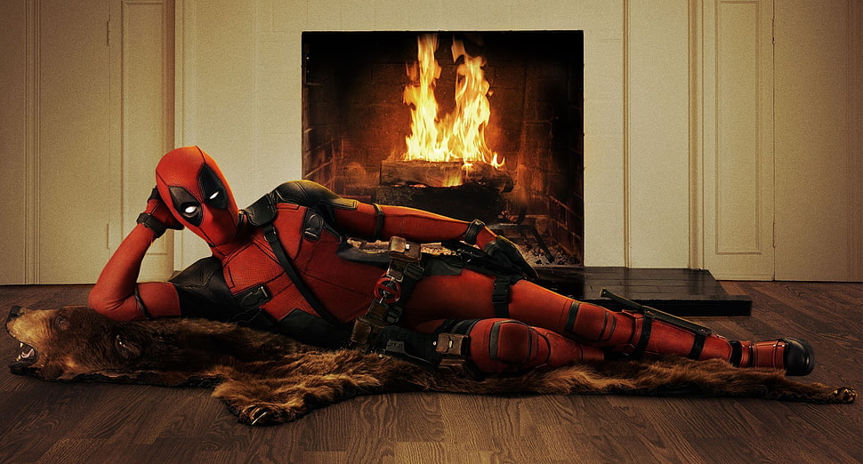 deadpool lying on brown animal hide HD wallpaper