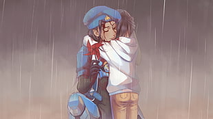 man and boy hugging under the rain illustration, video games, Ana (Overwatch), rain HD wallpaper
