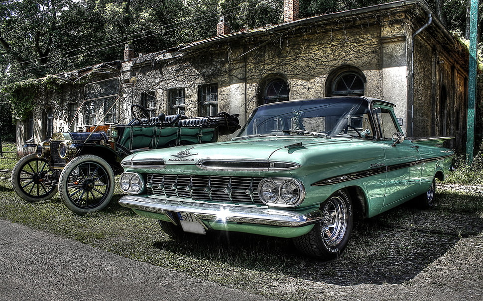 vintage teal coupe, Chevrolet, Oldtimer, car, vintage HD wallpaper