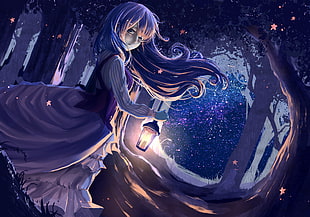 female anime character holding lantern illustration