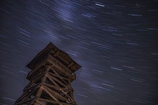 brown wooden watchtower, Moon, galaxy, star trails, Hungary