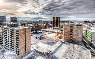 white and black wooden bed frame, cityscape, building, HDR, snow