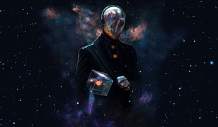 person wearing suit jacket and outer space digital wallpaper, space, universe, suits, helmet