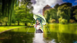 female anime character holding umbrella, anime, blurred, minimalism, nature