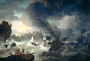 painting of brown ship, painting, artwork, shipwreck, Cabeza de Vaca