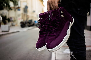 purple-and-white suede Air Jordan 12's