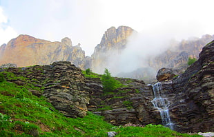 plunge waterfalls, waterfall, mountains, mist, clouds