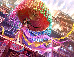 black haired female anime character holding umbrella illustration HD wallpaper