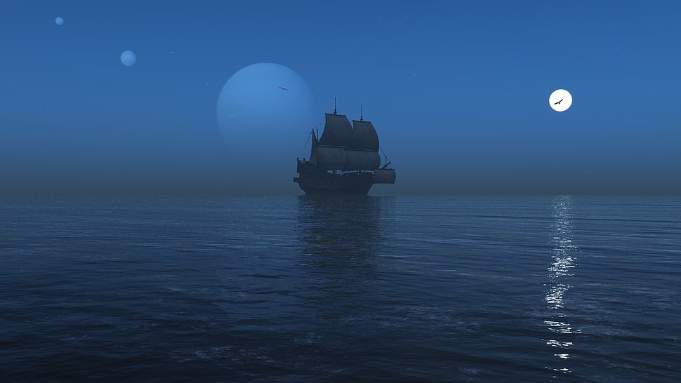 black boat, sailing ship, sea, reflection, mist HD wallpaper