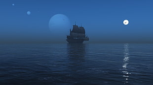 black boat, sailing ship, sea, reflection, mist