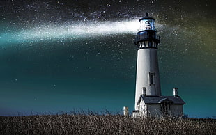 white and black lighthouse, lighthouse, night
