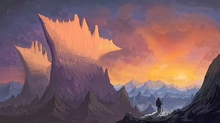 painting of mountain, artwork, fantasy art, sky, clouds