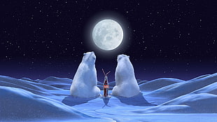 Coca Cola glass bottle between two white polar bears sitting on snow field under full moon illustration