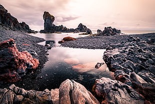 gray stones and body of water under white cloudy sky, iceland