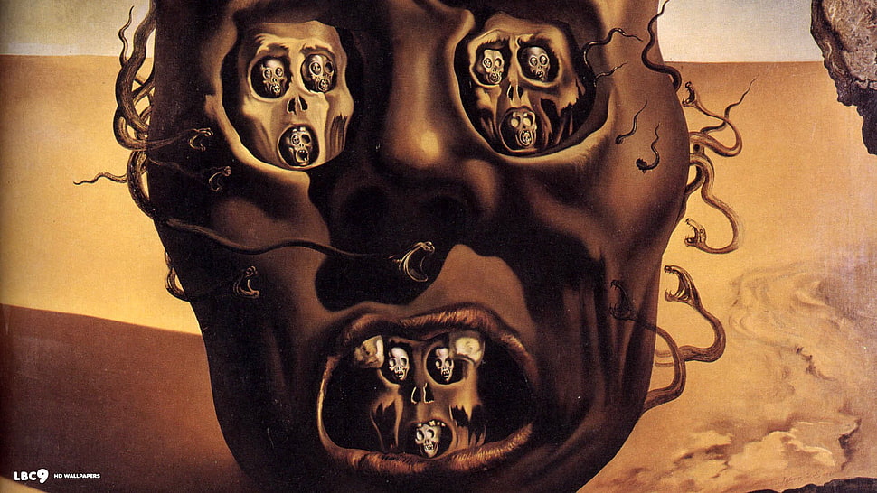 face with face digital art illustration, Salvador Dalí, painting, fantasy art, skull HD wallpaper