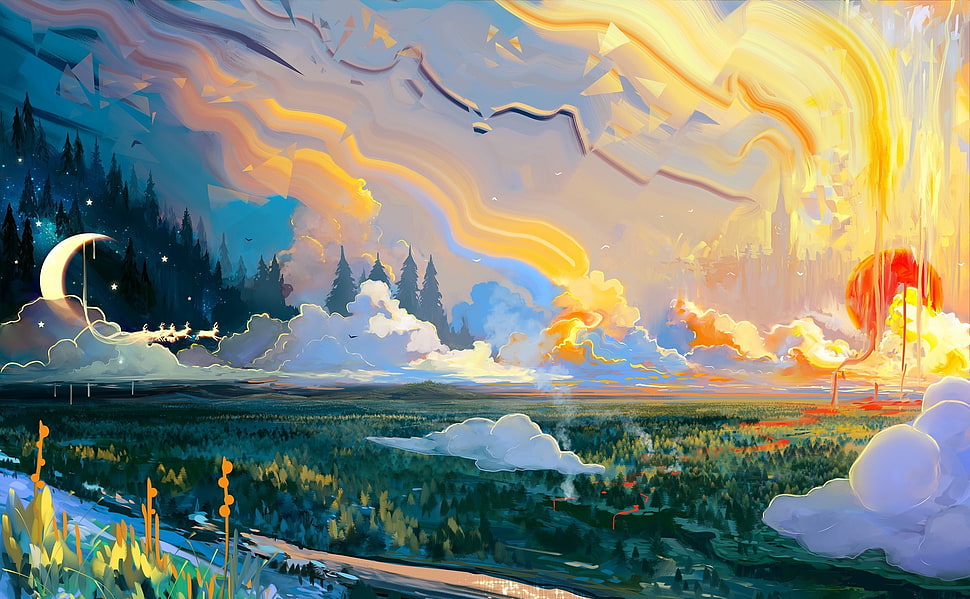 moon, trees, clouds, and sun illustration, landscape, artwork HD wallpaper