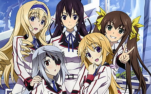 five female anime character taking group picture