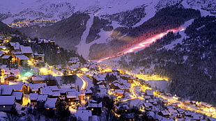 village near mountain painting, valley, mountains, long exposure, snow