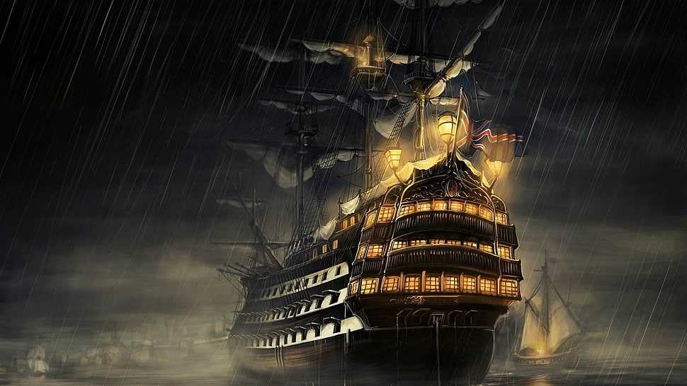galleon ship illustration, sailing ship, sea, night, rain HD wallpaper