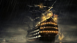 galleon ship illustration, sailing ship, sea, night, rain