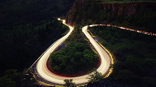 highway photo, road, forest, hairpin turns, long exposure